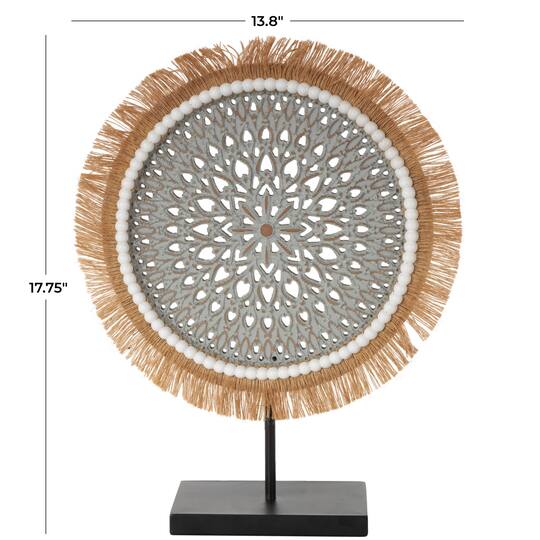17.75" Gray Wooden Tribal Handmade Seagrass Fringed Decorative Sculpture with Black Base